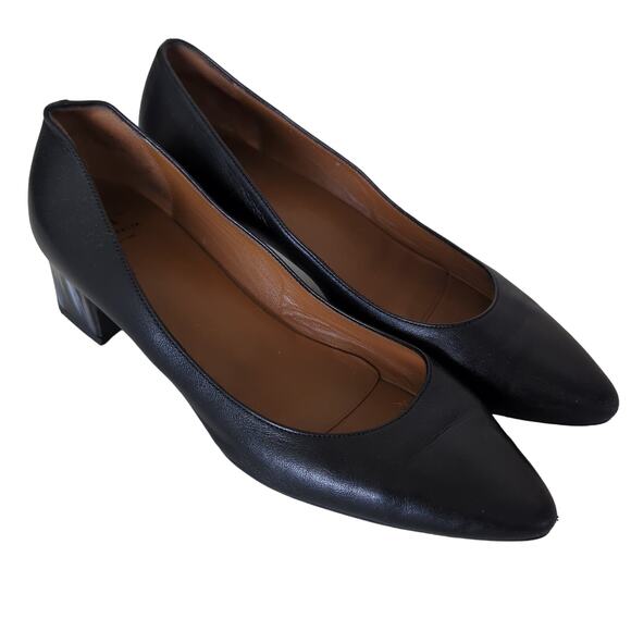 Aquatalia Pasha Heels 9 Made in Italy Black Block Heel Leather Pointed Toe Pumps - Picture 9 of 10